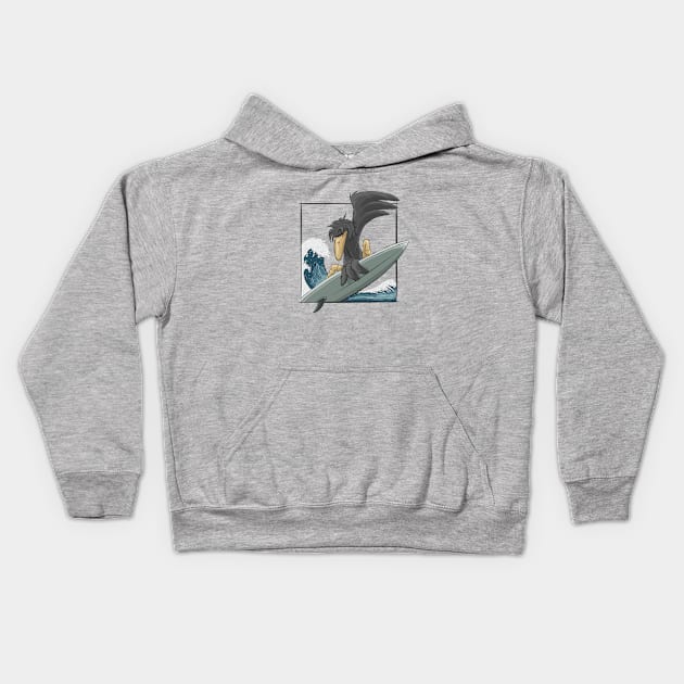 Surfer Crow Raven Surfing On Japan Wave Kids Hoodie by SkizzenMonster